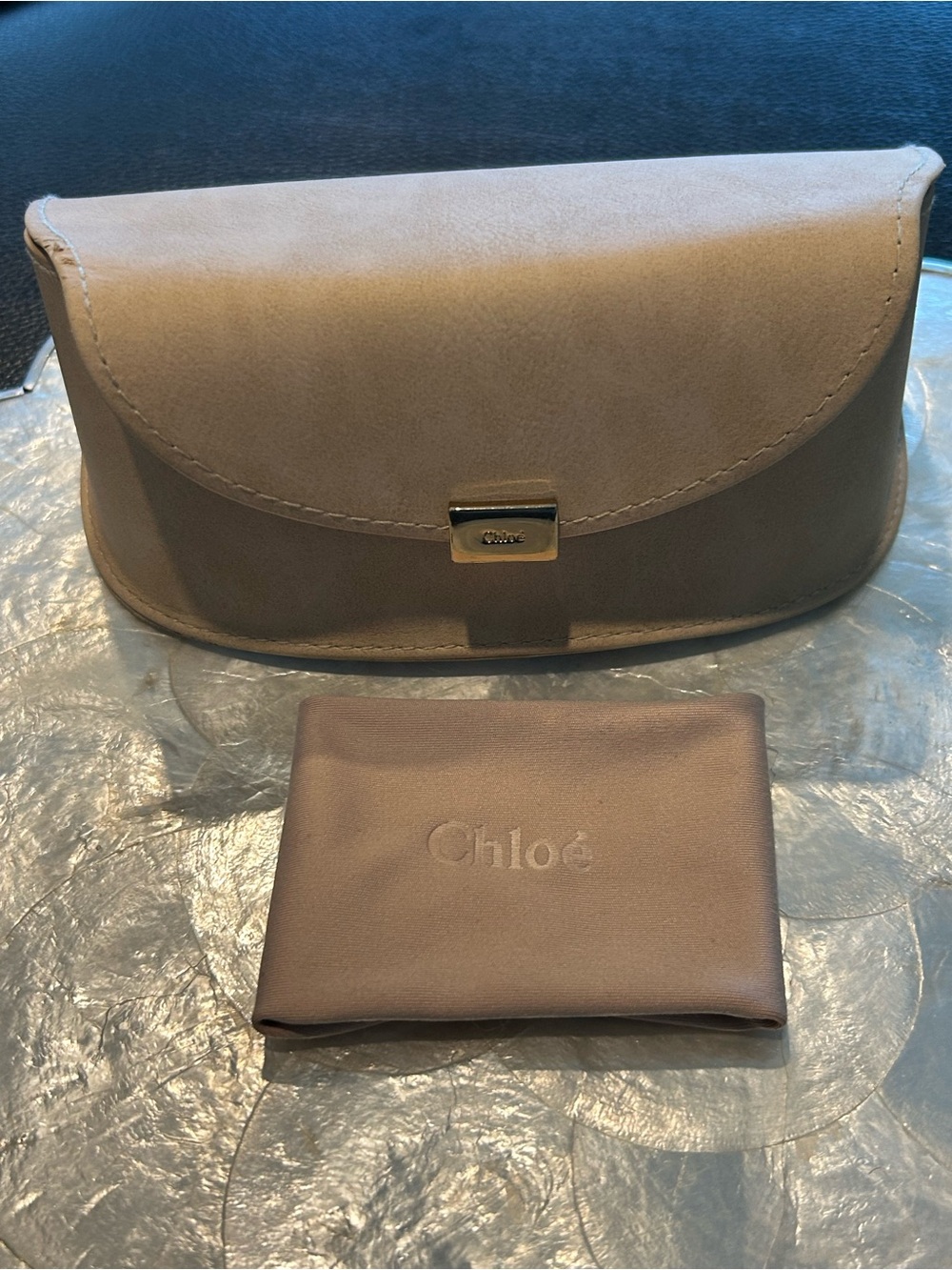 Chloé Taupe Suede Large Glasses Case with Logo Pouch
